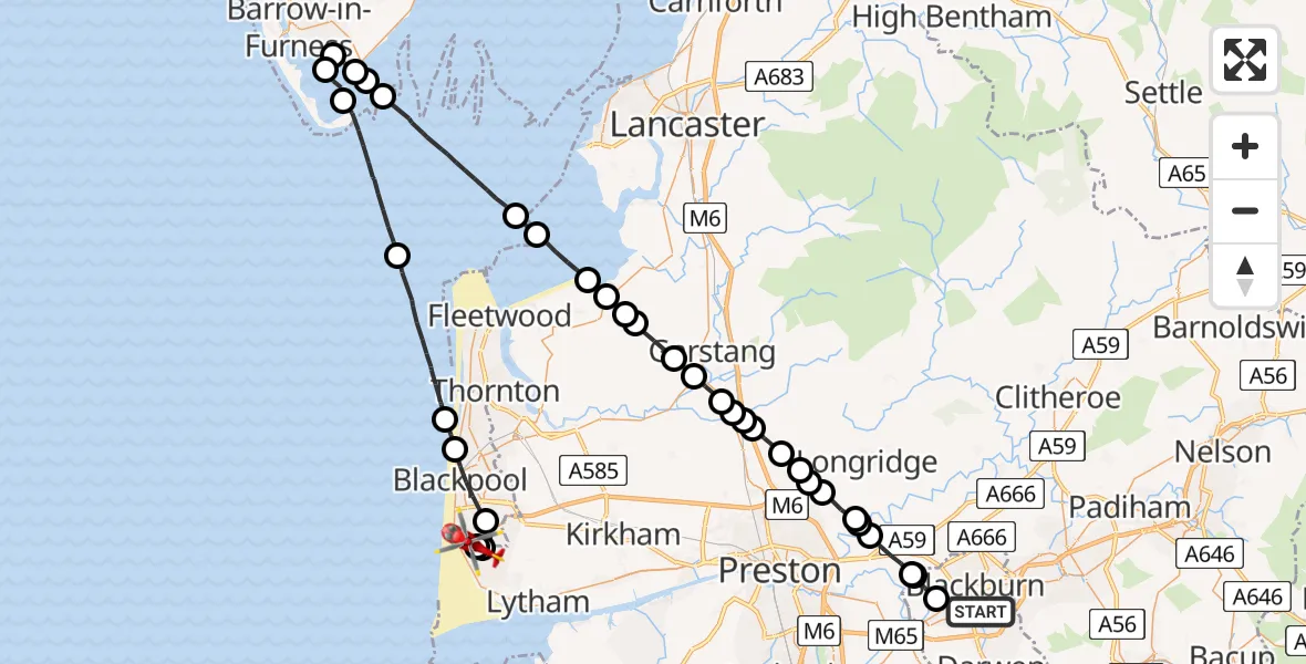 Flight route Air Ambulance Helicopter Blackburn - Blackpool Airport, 14 June 2026, 13:42