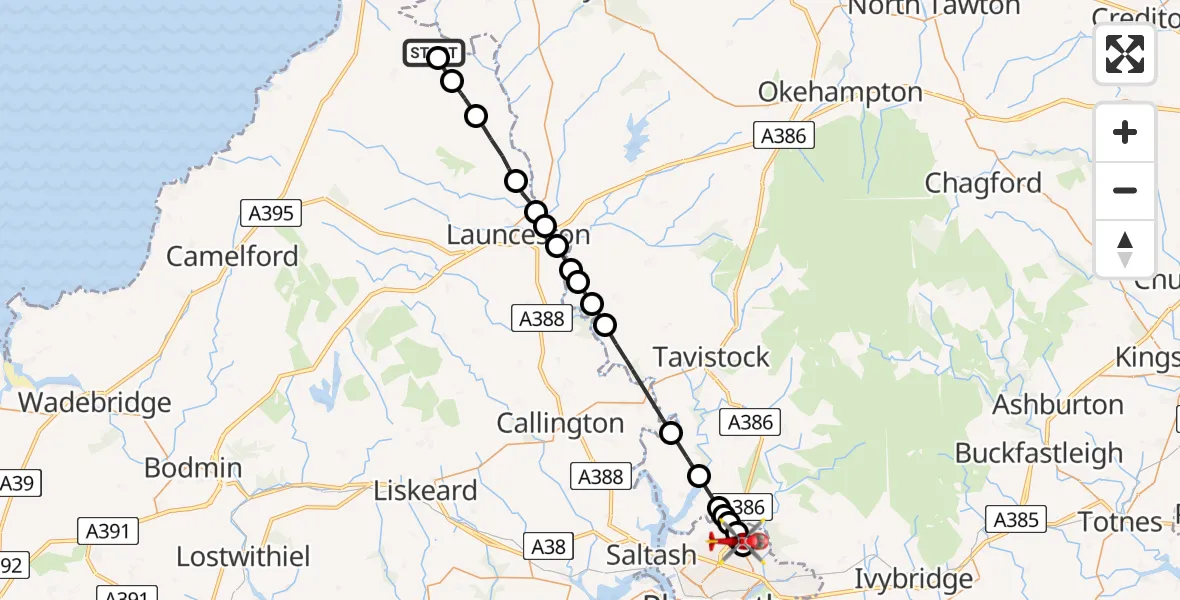 Flight route Air Ambulance Helicopter Torridge - Derriford Hospital, 14 June 2026, 13:45
