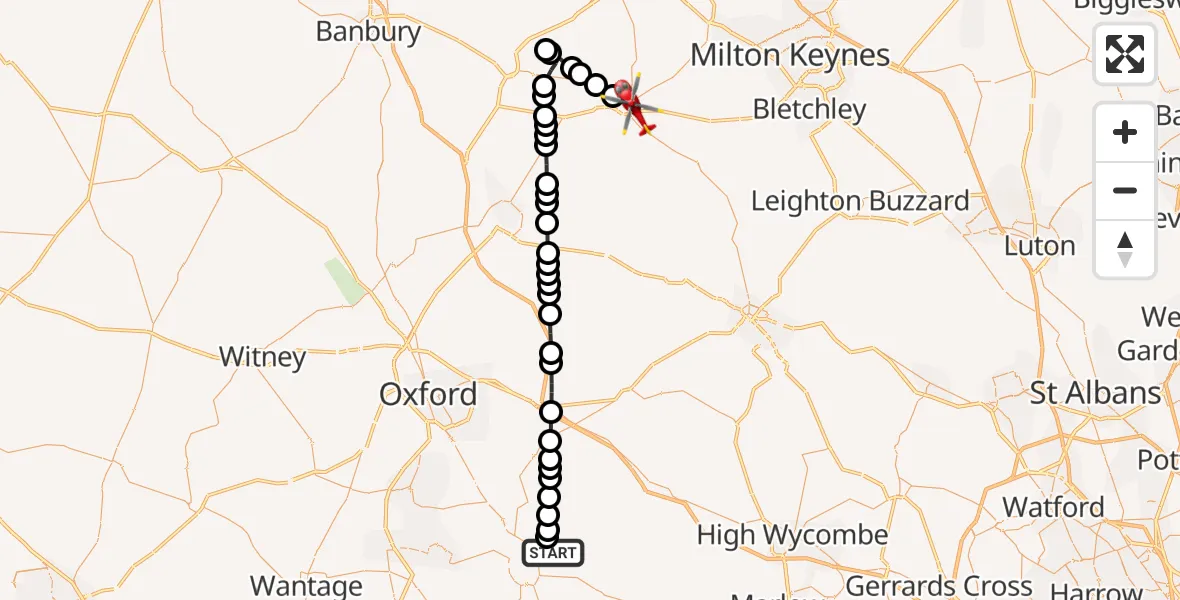 Flight route Air Ambulance Helicopter RAF Benson - Buckingham, 14 June 2026, 13:59