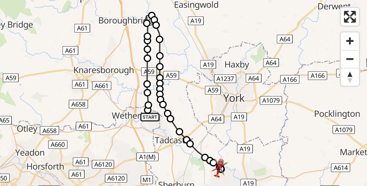 Flight route Air Ambulance Helicopter Walton - Cawood, 14 June 2026, 14:01