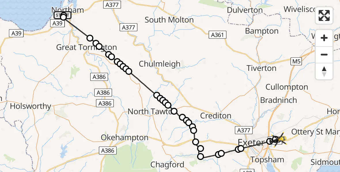 Flight route Police Helicopter Westward Ho! - Exeter International Airport, 14 June 2026, 14:28