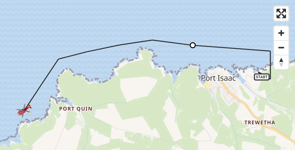 Flight route Air Ambulance Helicopter Port Isaac - St Minver, 14 June 2026, 14:33