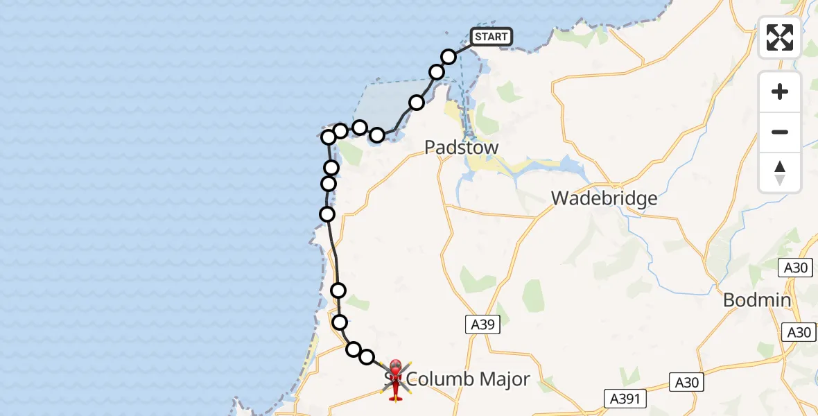 Flight route Air Ambulance Helicopter New Polzeath - Cornwall Airport Newquay, 14 June 2026, 14:39
