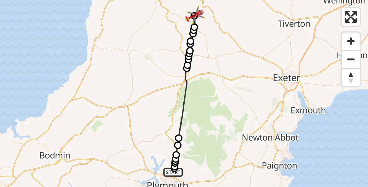 Flight route Air Ambulance Helicopter Derriford Hospital - Roborough, 14 June 2026, 14:40