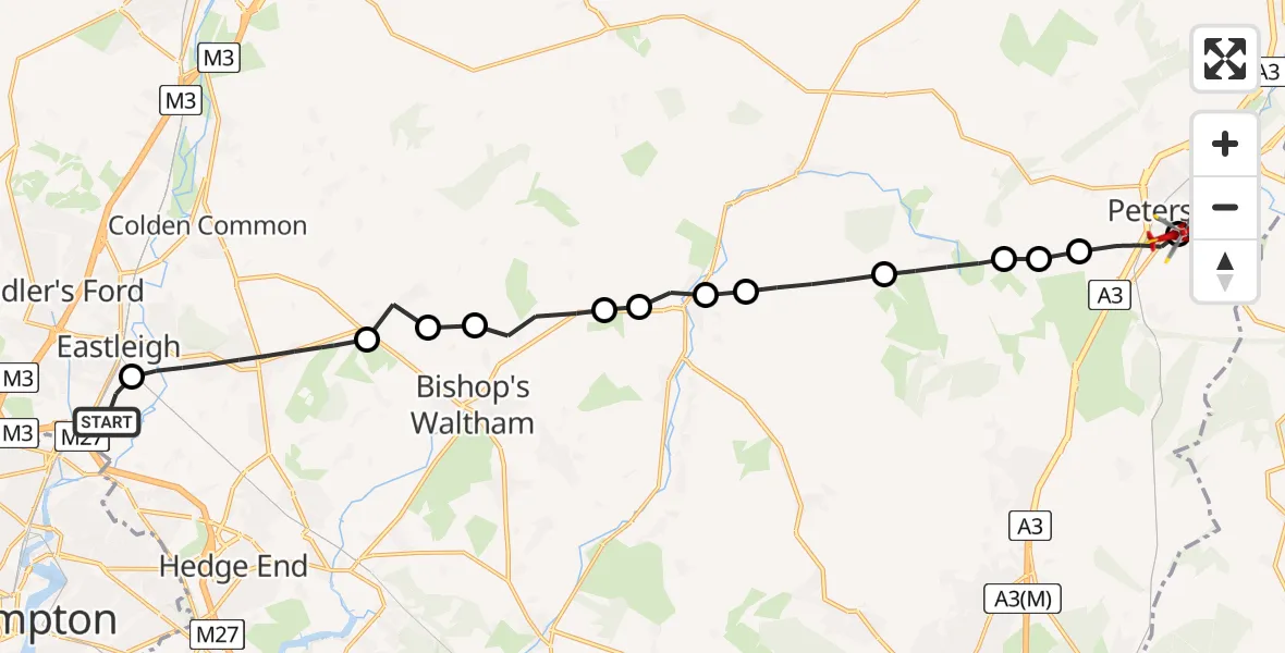 Flight route Air Ambulance Helicopter Southampton Airport - Petersfield, 14 June 2026, 14:41
