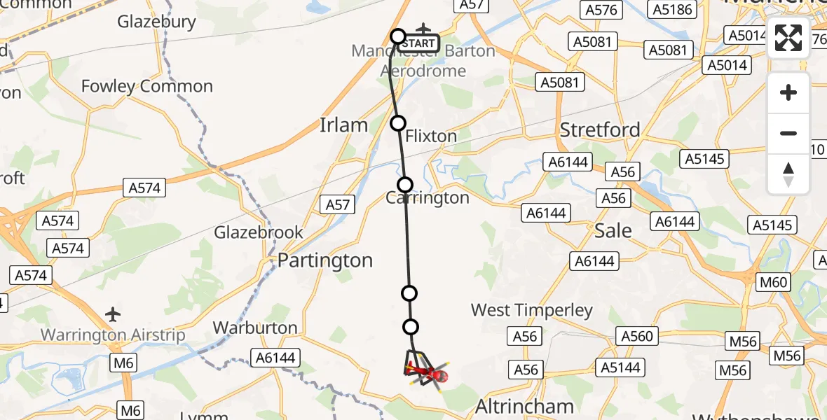 Flight route Air Ambulance Helicopter Manchester Barton Aerodrome - Dunham Town, 14 June 2026, 14:53