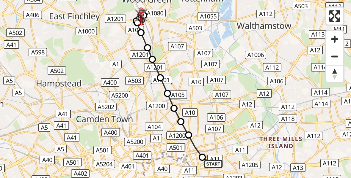 Flight route Air Ambulance Helicopter Royal London Hospital - Harringay, 14 June 2026, 15:02