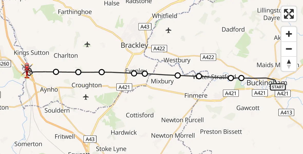 Flight route Air Ambulance Helicopter Buckingham - King's Sutton, 14 June 2026, 15:06