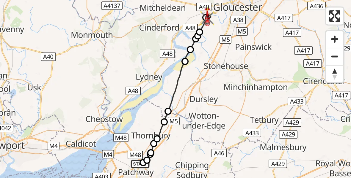 Flight route Air Ambulance Helicopter Almondsbury Helicopter Base - Tewkesbury, 14 June 2026, 15:18