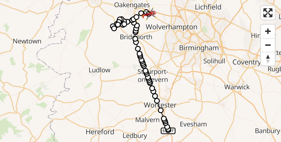 Flight route Air Ambulance Helicopter Hill Croome - Cosford, 14 June 2026, 15:22