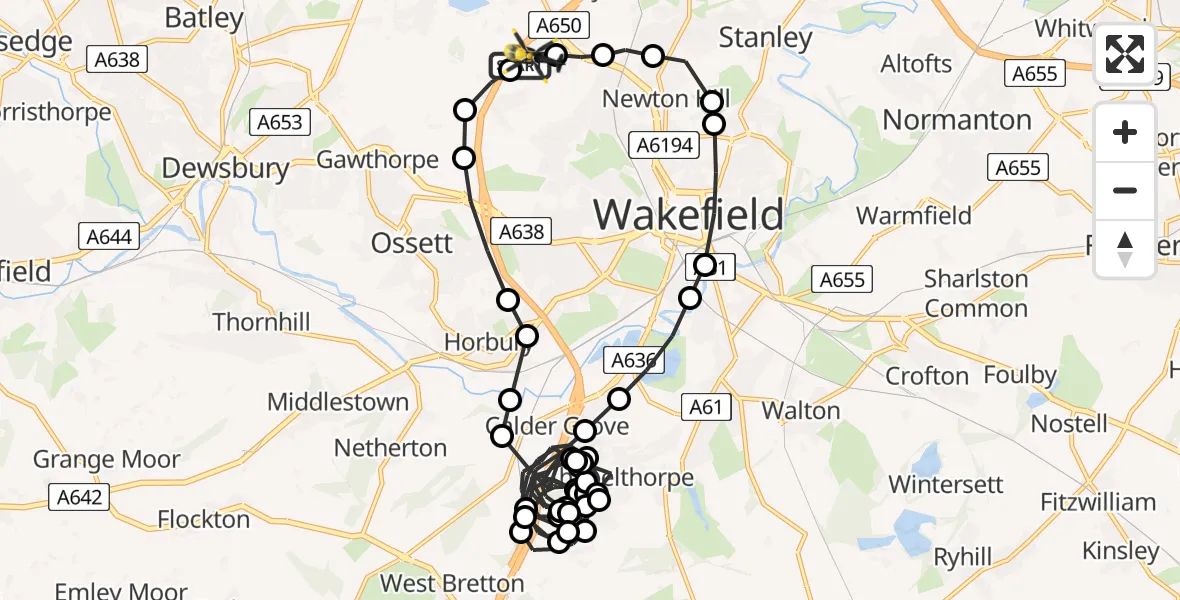 Flight route Police Helicopter East Ardsley - East Ardsley, 14 June 2026, 15:26