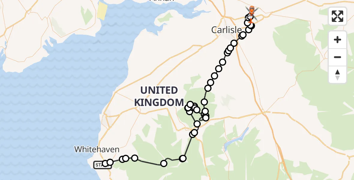 Flight route Coastguard Helicopter Bigrigg - Carlisle Lake District Airport, 14 June 2026, 15:45