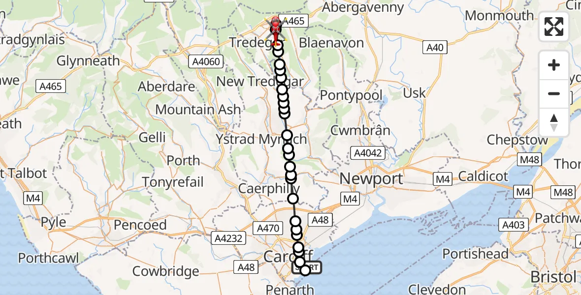 Flight route Air Ambulance Helicopter Cardiff Heliport - Ebbw Vale, 14 June 2026, 15:45