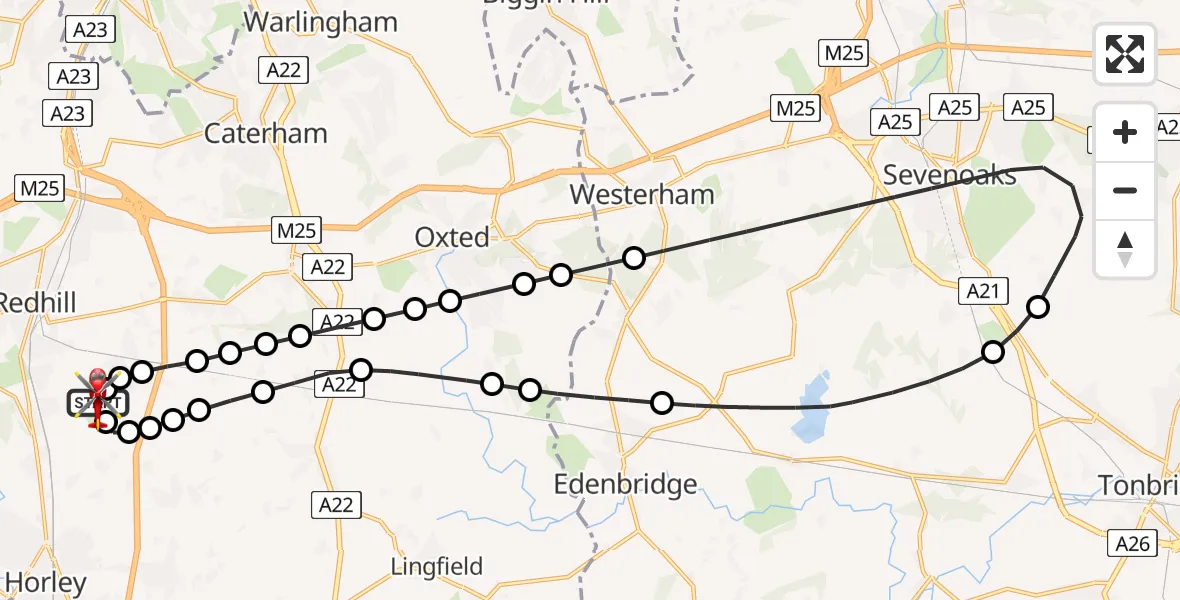Flight route Air Ambulance Helicopter Redhill Aerodrome - Redhill Aerodrome, 14 June 2026, 15:46