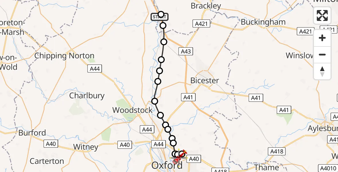 Flight route Air Ambulance Helicopter Adderbury - Oxford, 14 June 2026, 15:49