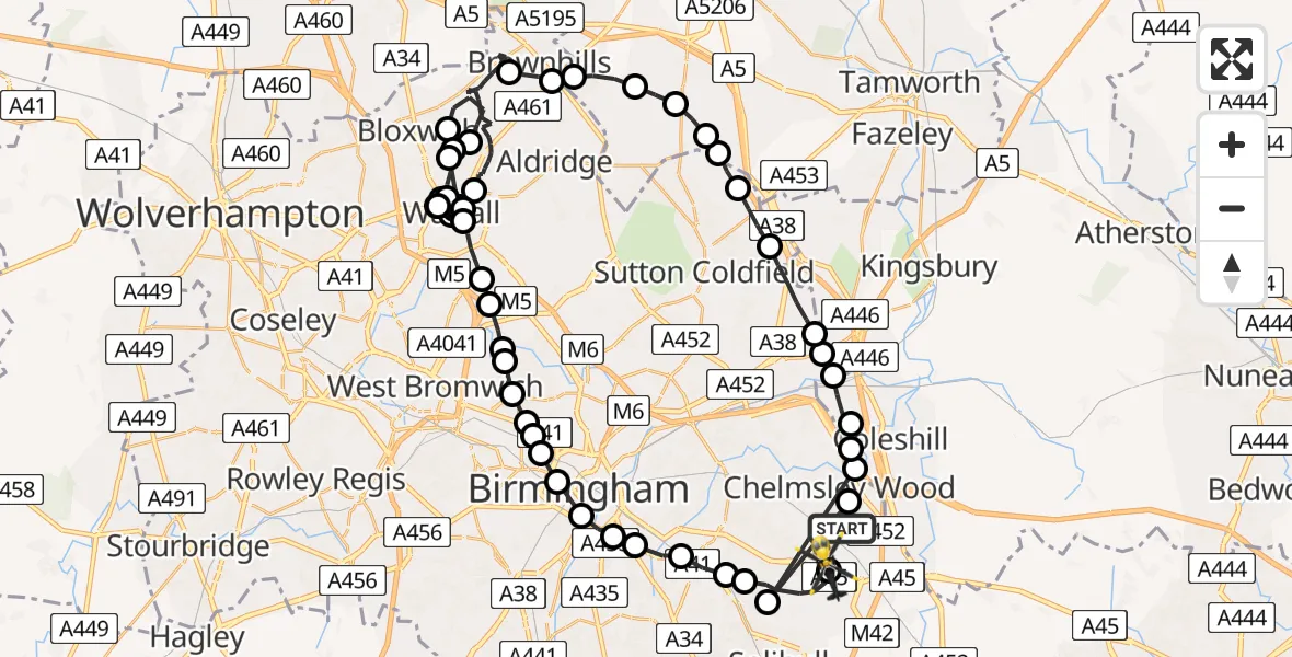 Flight route Police Helicopter Solihull - Birmingham Airport, 14 June 2026, 15:54