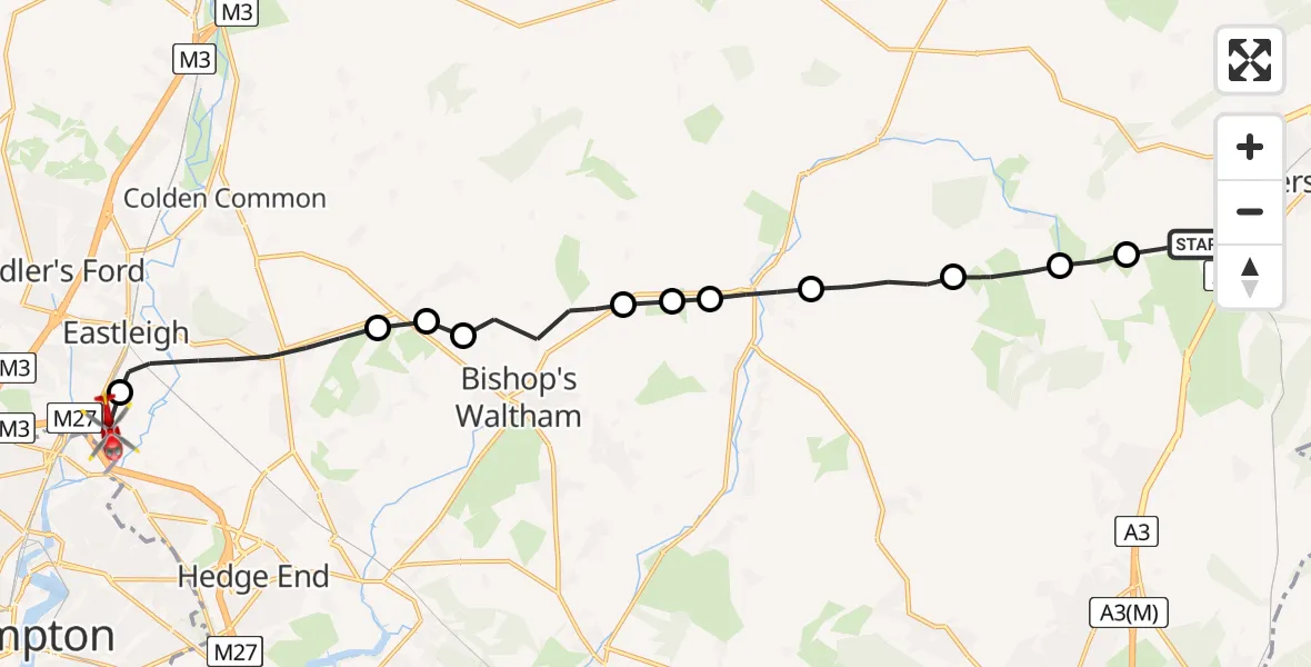 Flight route Air Ambulance Helicopter Buriton - Southampton Airport, 14 June 2026, 15:56
