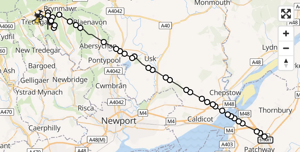 Flight route Police Helicopter Almondsbury Helicopter Base - Tredegar, 14 June 2026, 16:04