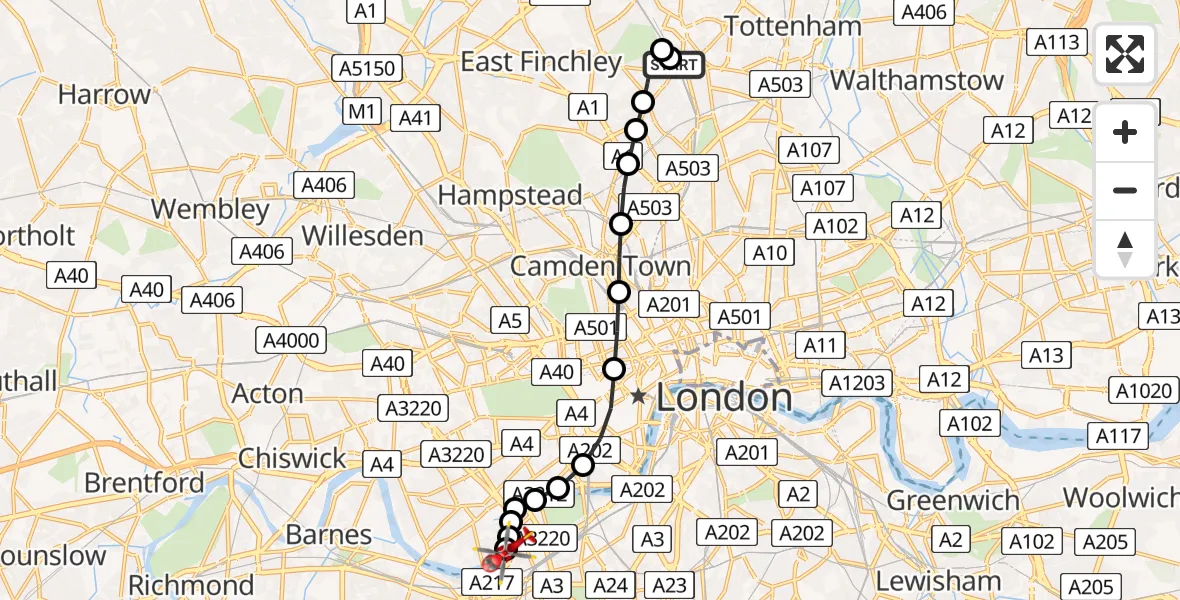 Flight route Air Ambulance Helicopter Hornsey - London Heliport, 14 June 2026, 16:06