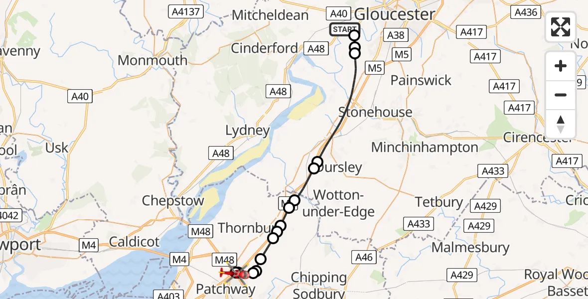 Flight route Air Ambulance Helicopter Tewkesbury - Almondsbury Helicopter Base, 14 June 2026, 16:10