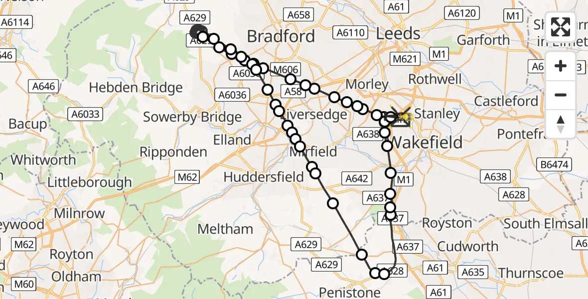 Flight route Police Helicopter East Ardsley - East Ardsley, 14 June 2026, 16:18
