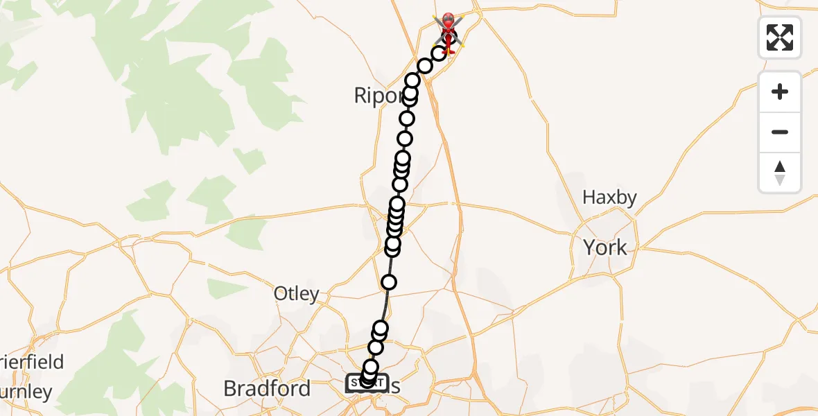 Flight route Air Ambulance Helicopter Woodhouse - RAF Topcliffe, 14 June 2026, 16:20