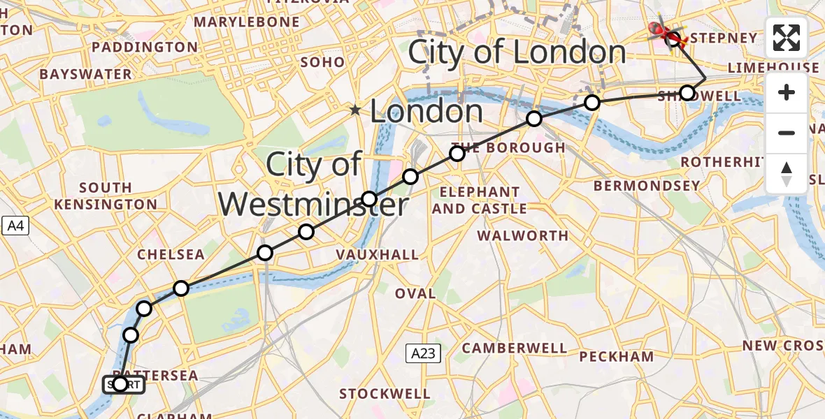 Flight route Air Ambulance Helicopter London Heliport - Royal London Hospital, 14 June 2026, 16:26