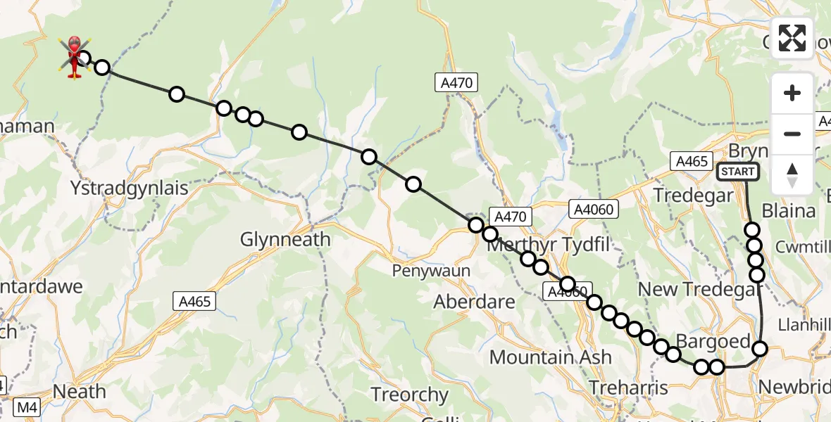 Flight route Air Ambulance Helicopter Ebbw Vale - Llangadog, 14 June 2026, 16:29