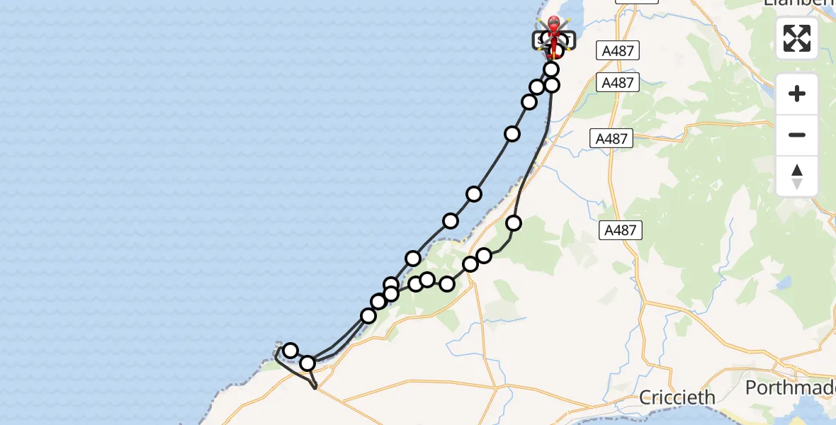 Flight route Air Ambulance Helicopter Caernarfon Airport - Caernarfon Airport, 14 June 2026, 16:41