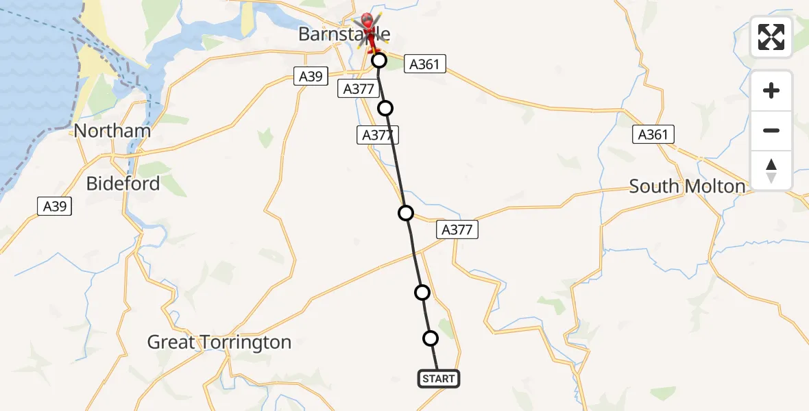 Flight route Air Ambulance Helicopter Roborough - Barnstaple, 14 June 2026, 16:42