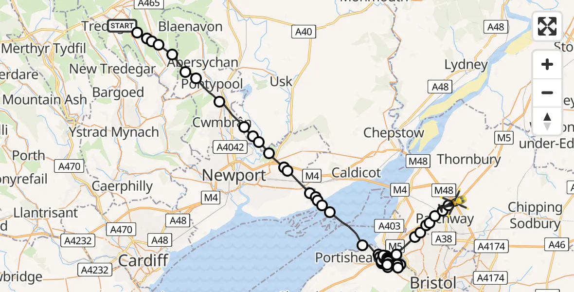 Flight route Police Helicopter Ebbw Vale - Almondsbury Helicopter Base, 14 June 2026, 16:45