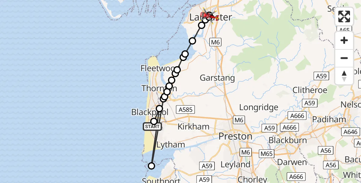 Flight route Air Ambulance Helicopter Squires Gate - Aldcliffe, 14 June 2026, 16:52