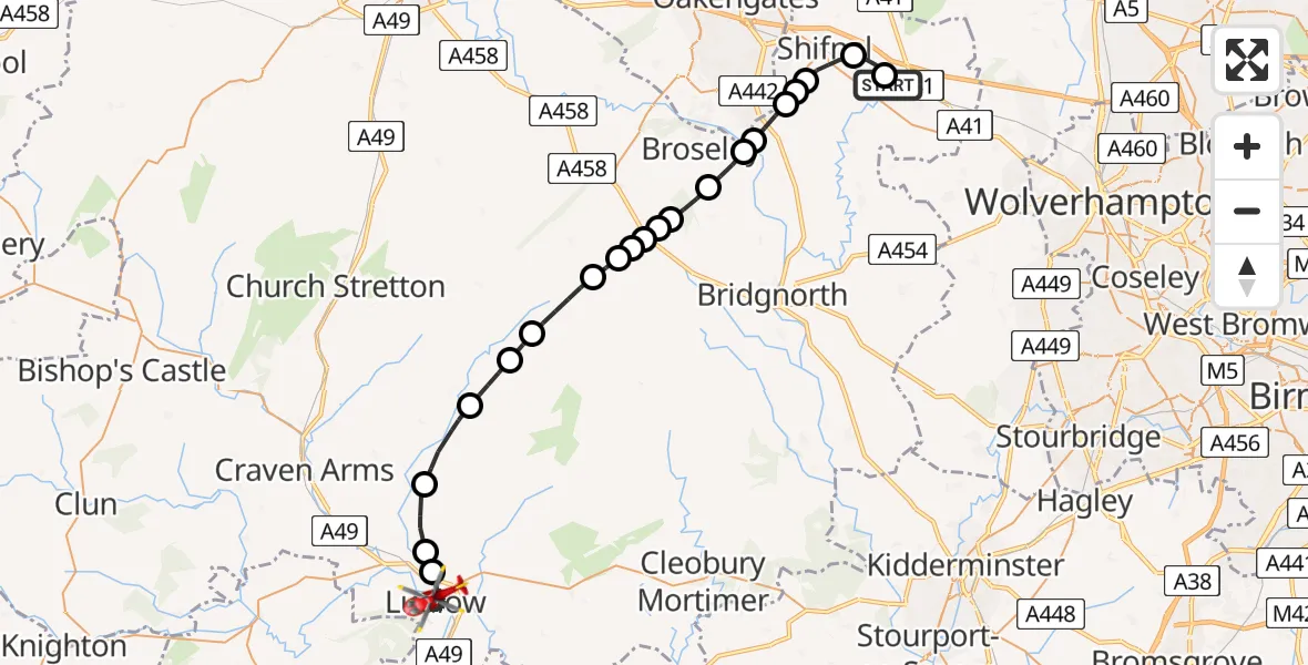 Flight route Air Ambulance Helicopter Cosford - Ludlow, 14 June 2026, 17:01
