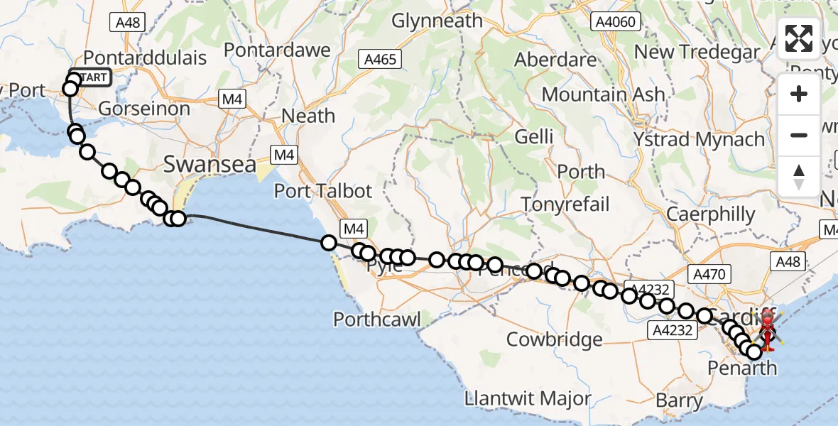 Flight route Air Ambulance Helicopter Dafen - Cardiff Heliport, 14 June 2026, 17:03