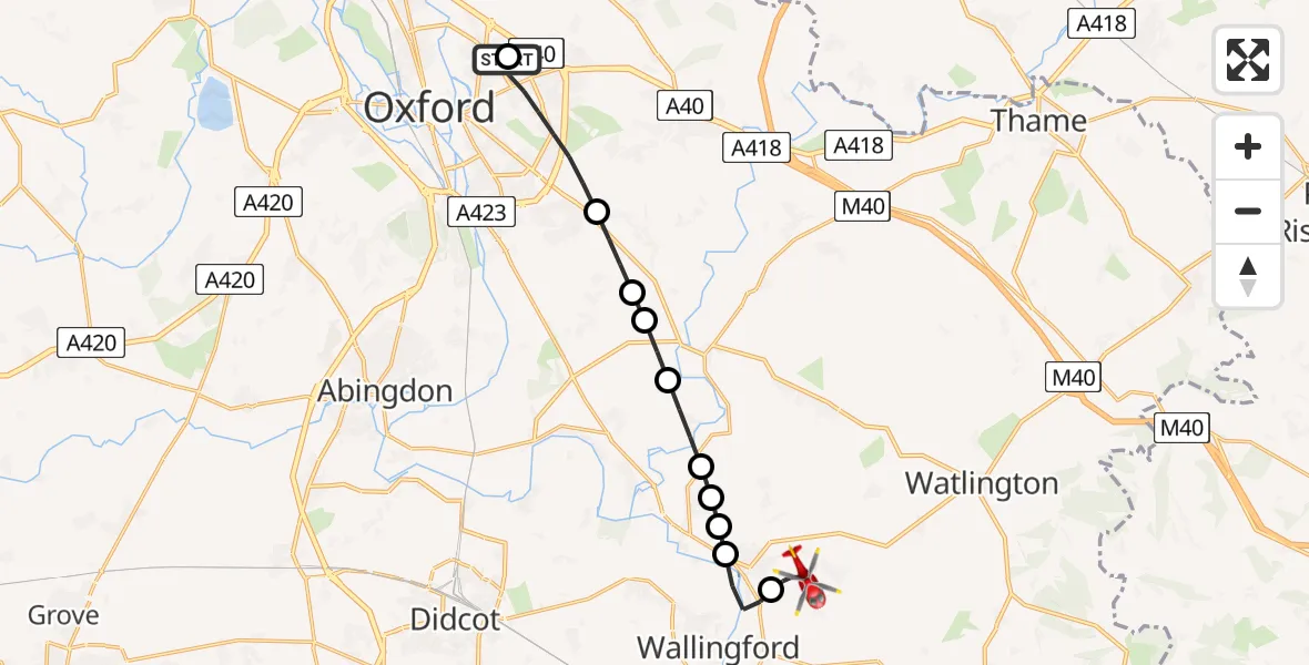 Flight route Air Ambulance Helicopter John Radcliffe Hospital - RAF Benson, 14 June 2026, 17:05