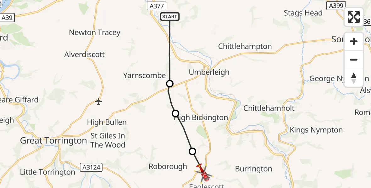 Flight route Air Ambulance Helicopter North Devon - Roborough, 14 June 2026, 17:16