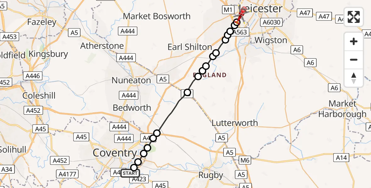 Flight route Air Ambulance Helicopter Coventry Airport - Braunstone Town, 14 June 2026, 17:17