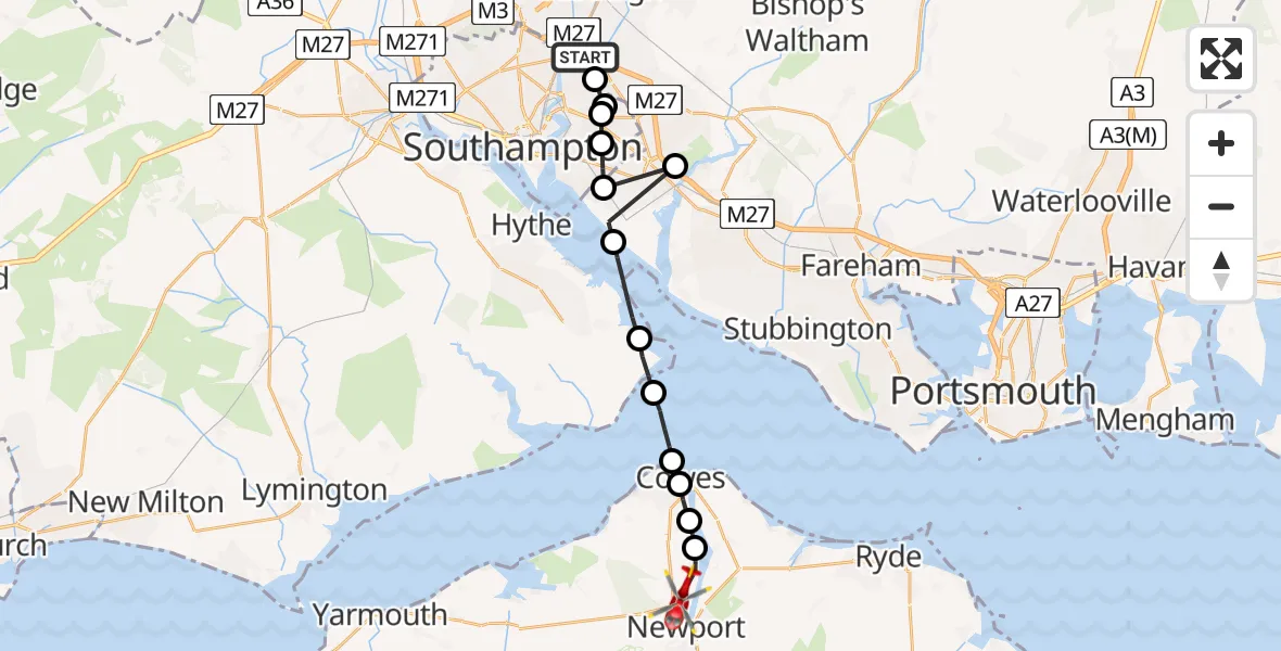 Flight route Air Ambulance Helicopter Southampton Airport - Newport, 14 June 2026, 17:24