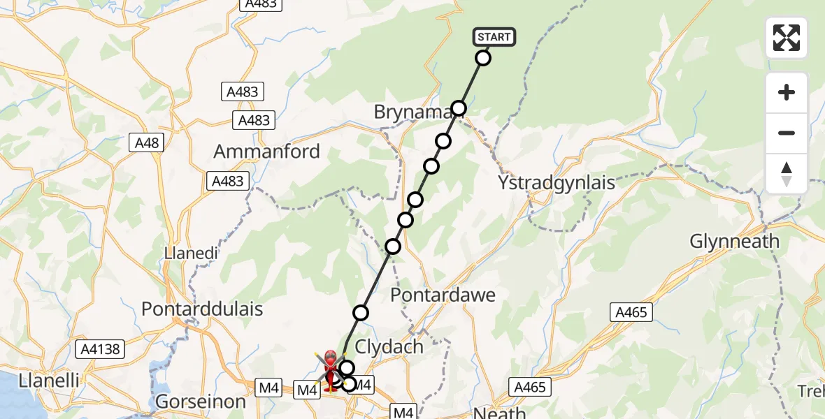 Flight route Air Ambulance Helicopter Llangadog - Morriston Hospital Helipad, 14 June 2026, 17:28