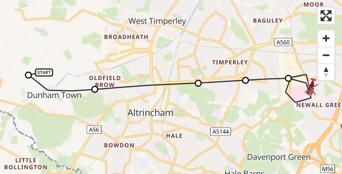 Flight route Air Ambulance Helicopter Dunham Town - Wythenshawe, 14 June 2026, 17:34