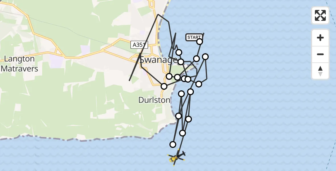 Flight route Police Helicopter Durlston - English Channel, 14 June 2026, 17:50
