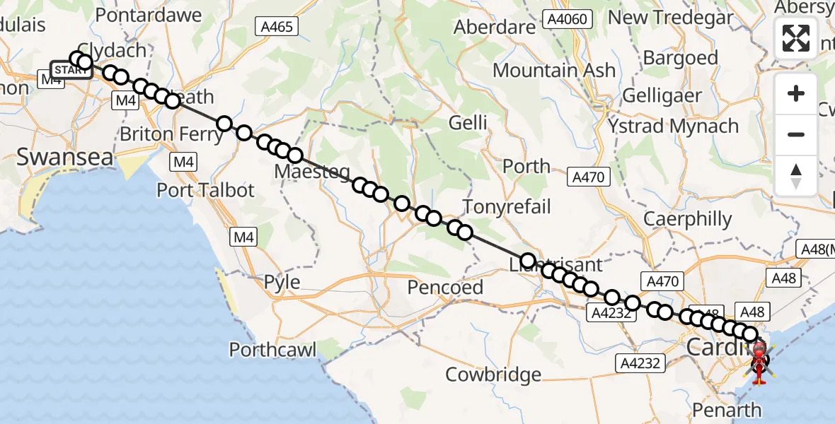 Flight route Air Ambulance Helicopter Morriston Hospital Helipad - Cardiff Heliport, 14 June 2026, 17:51