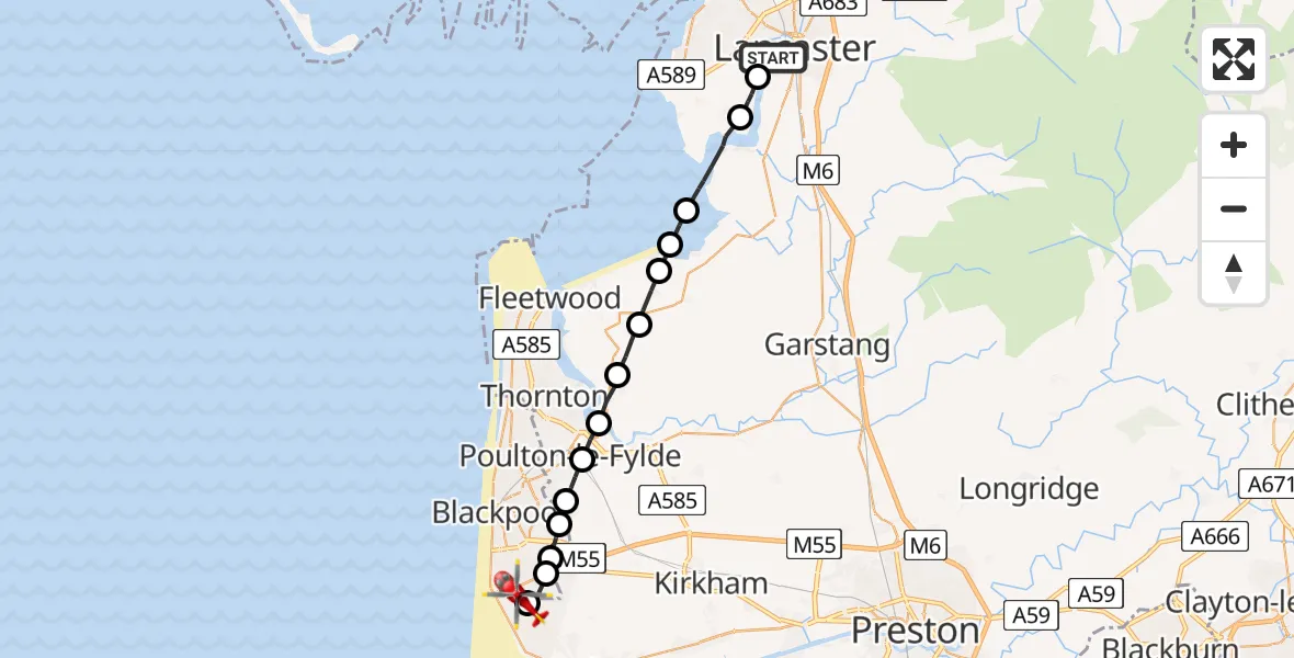 Flight route Air Ambulance Helicopter Aldcliffe - Blackpool Airport, 14 June 2026, 17:57
