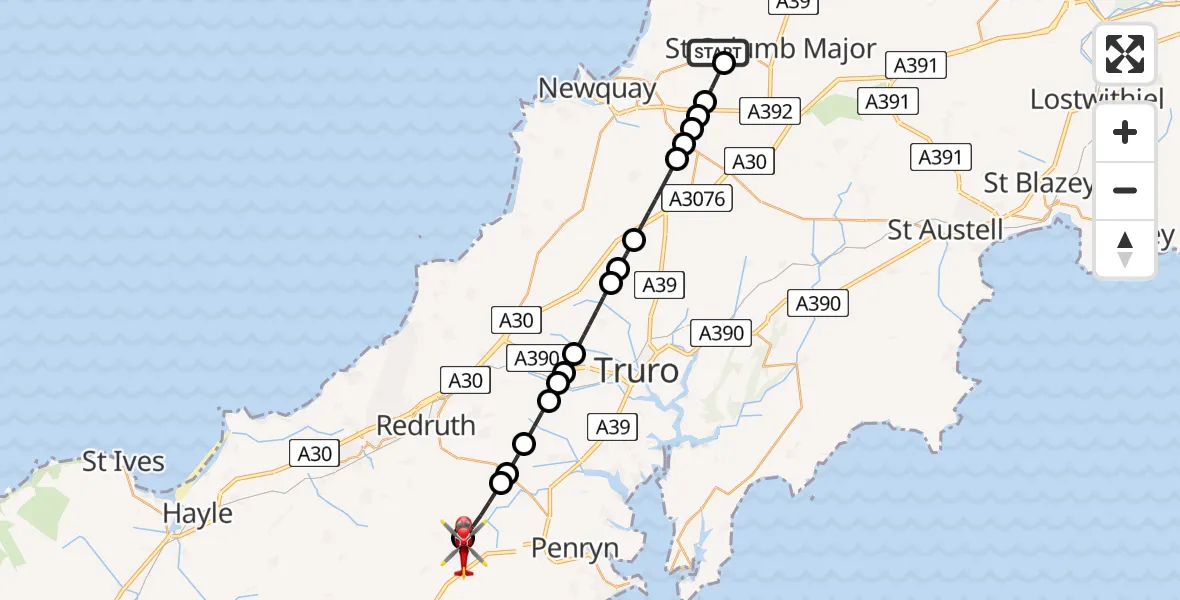 Flight route Air Ambulance Helicopter Cornwall Airport Newquay - Carnkie, 14 June 2026, 18:00