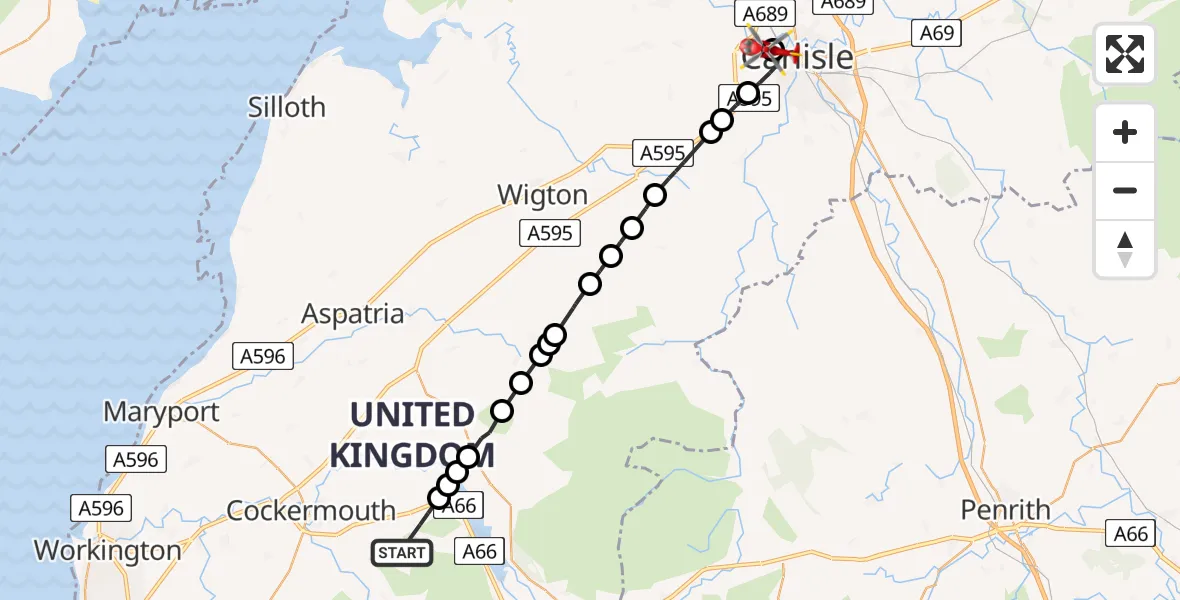 Flight route Air Ambulance Helicopter Embleton - Carlisle General, 14 June 2026, 18:01