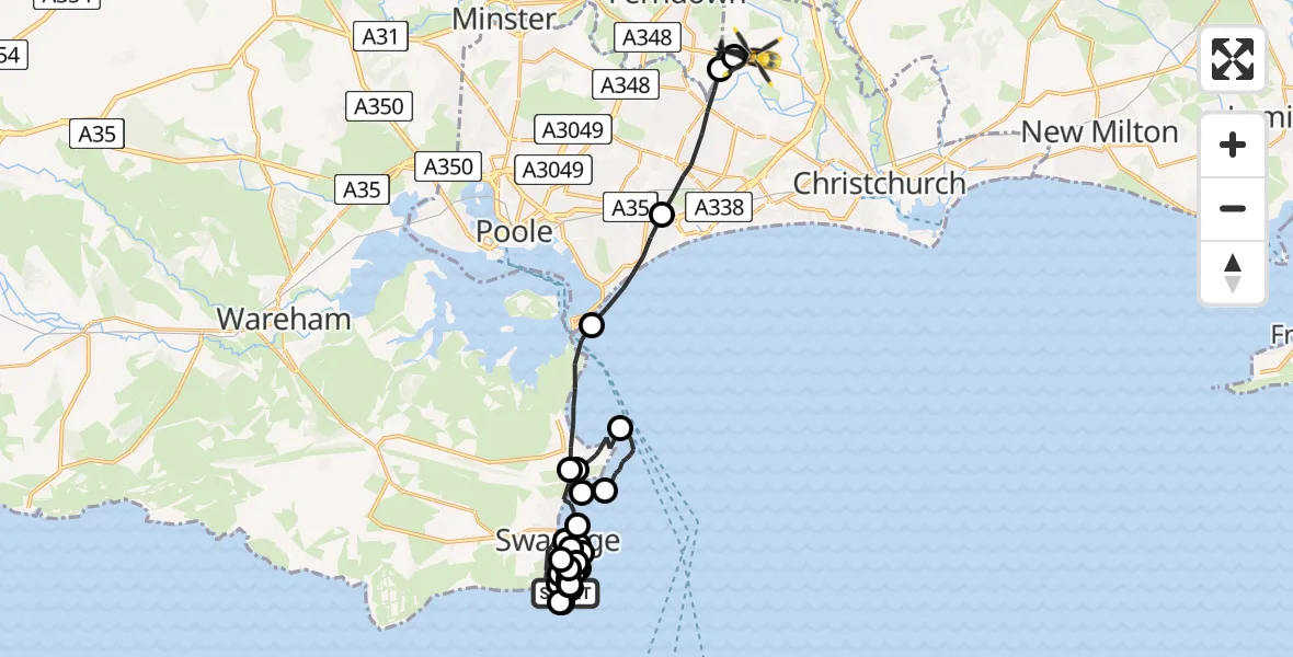 Flight route Police Helicopter Swanage - Bournemouth Airport, 14 June 2026, 18:02