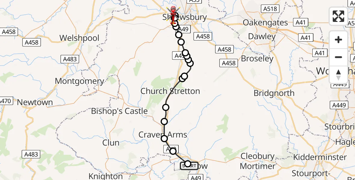 Flight route Air Ambulance Helicopter Ludlow - Shrewsbury, 14 June 2026, 18:11