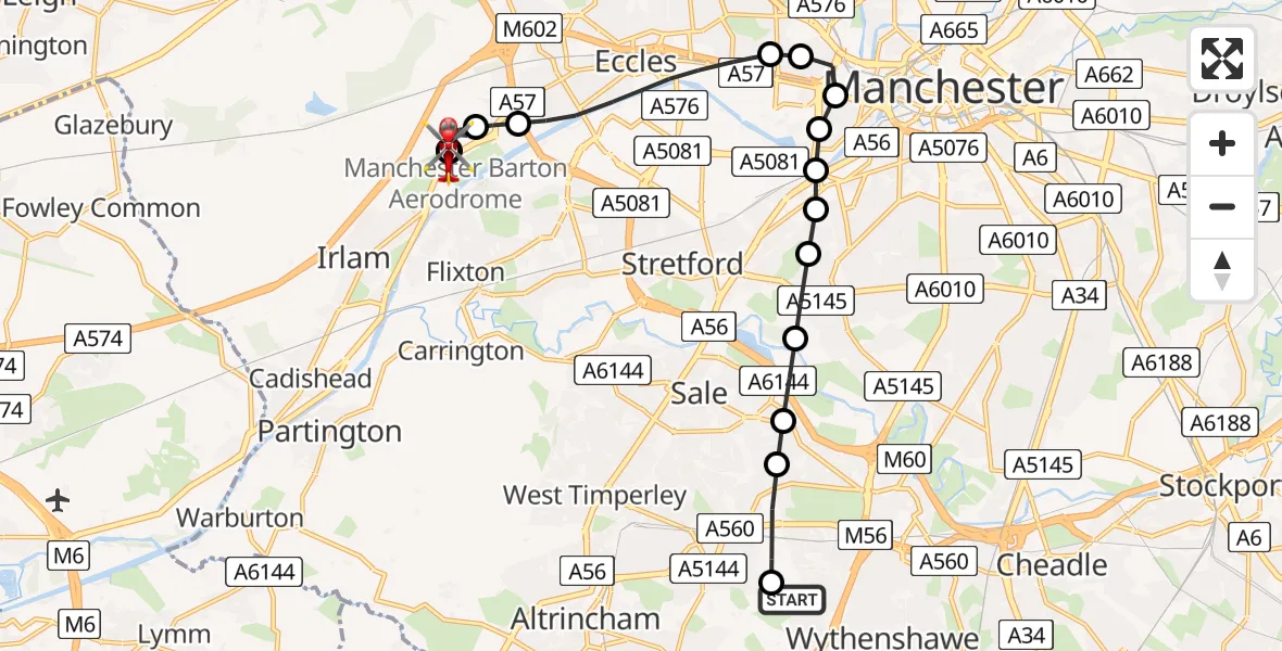 Flight route Air Ambulance Helicopter Wythenshawe Hospital Helipad - Irlam, 14 June 2026, 18:20