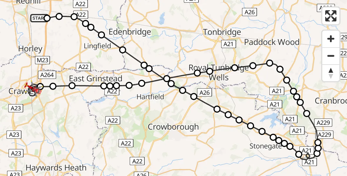 Flight route Air Ambulance Helicopter Redhill Aerodrome - Crawley, 14 June 2026, 18:21