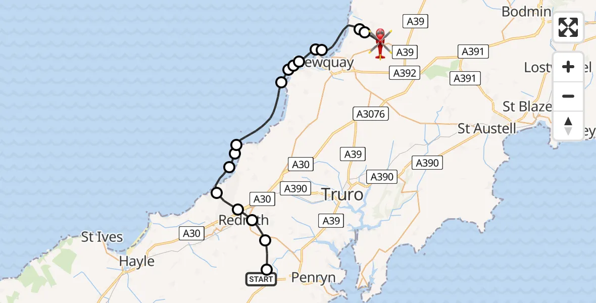Flight route Air Ambulance Helicopter Carnkie - Cornwall Airport Newquay, 14 June 2026, 18:28